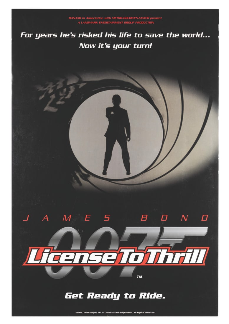A License to Thrill 007 Attraction Poster.: (United Artists, 1998) A rare poster for the James Bond 007: License to Thrill theme park attraction. The simulator ride cast guests as applicants to be 00 agents, and ran in theme parks around the