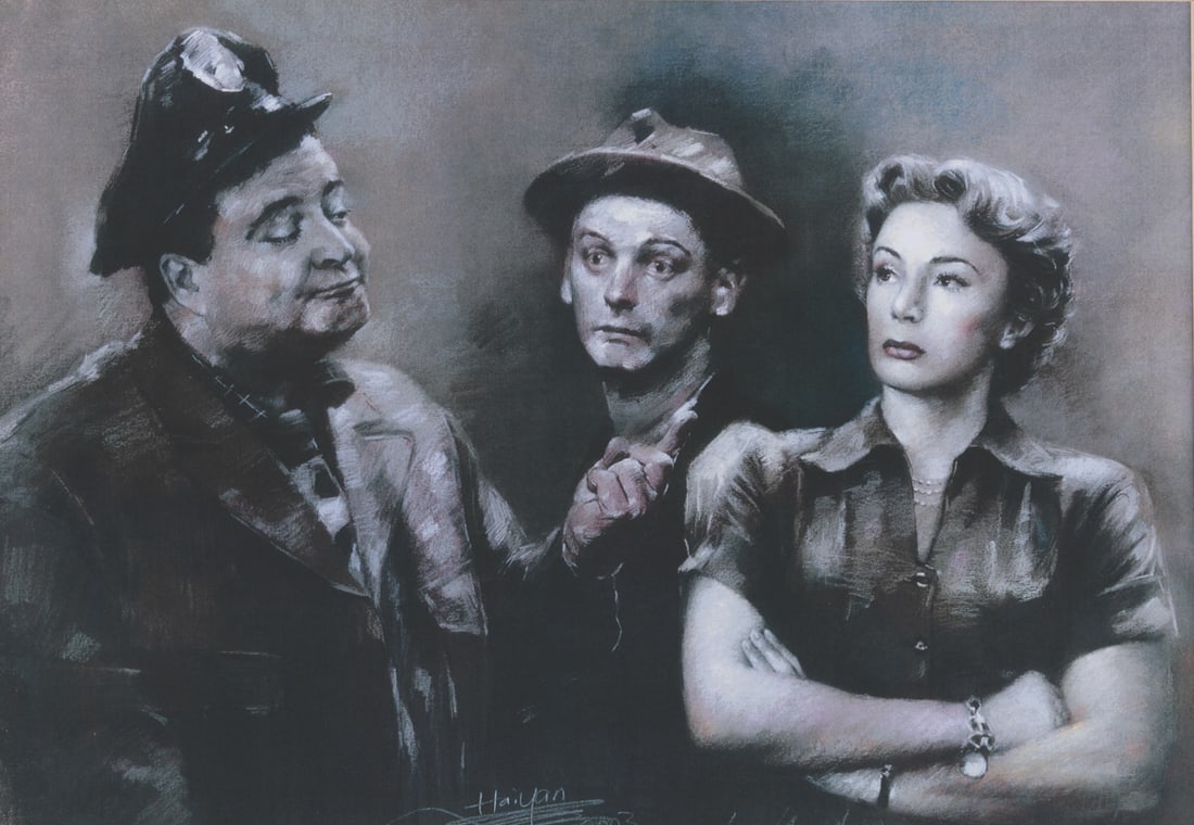 A "The Honeymooners" Matted Print.: (1990s-2000s) A computer-printed large copy of a drawing of "The Honeymooners" stars Jackie Gleason, Art Carney, and Audrey Meadows. Measuring 16" x 20" overall, the piece displays in very good condit