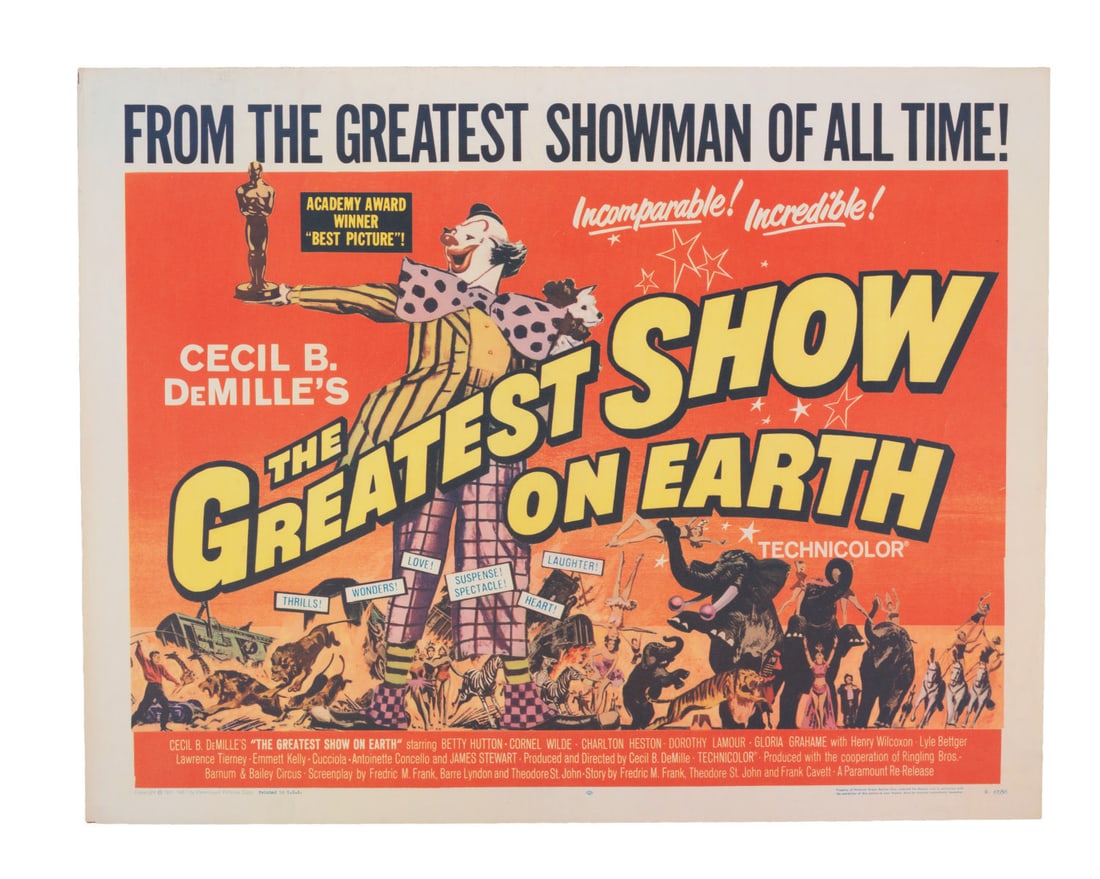 A "The Greatest Show on Earth" Half-Sheet.: (Paramount, 1967) A half-sheet for the re-release of the Academy Award-winning 1952 film "The Greatest Show on Earth," directed by Cecil B. DeMille. Measuring 22" x 28", the poster is in very good con