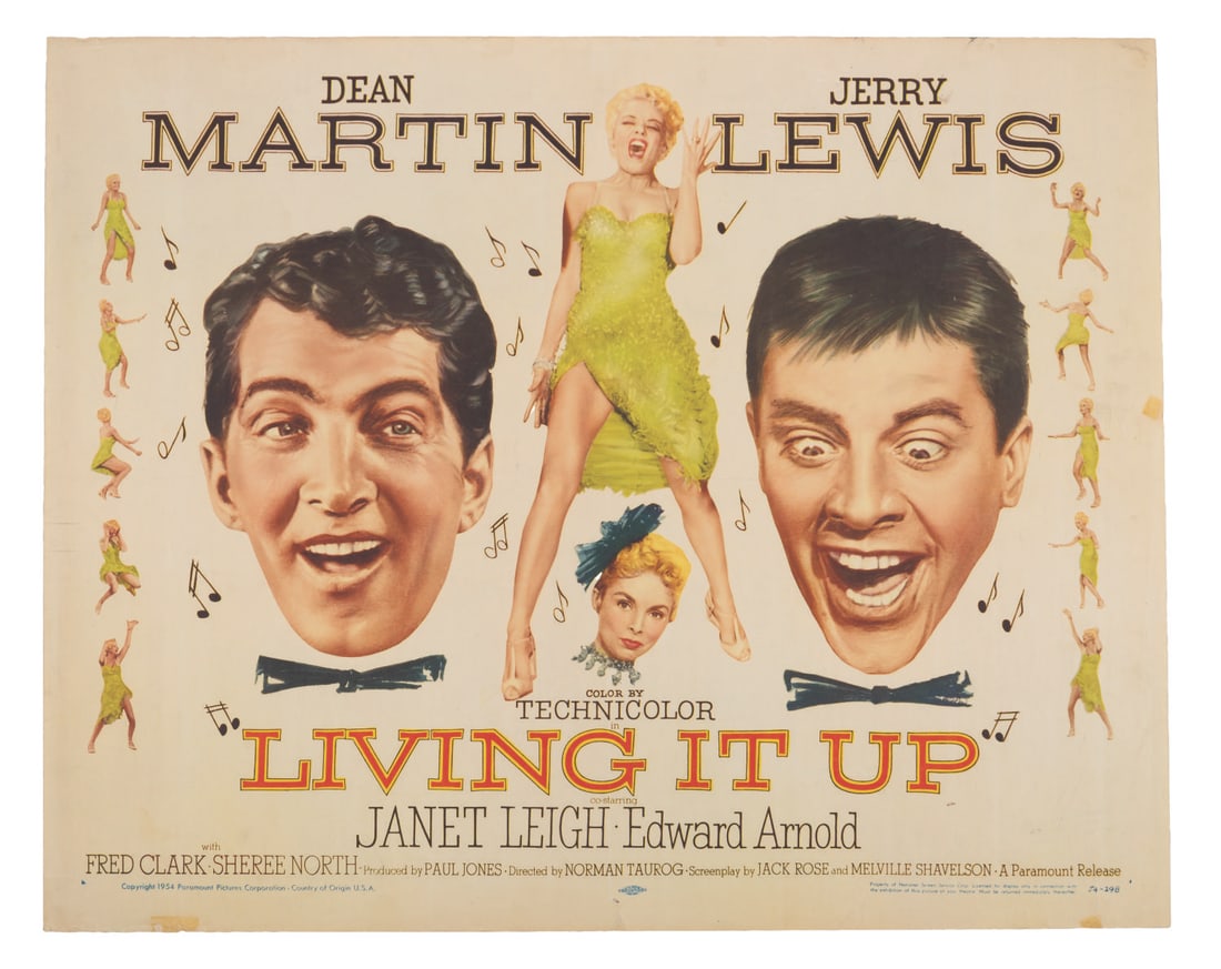 A "Living It Up" Half-Sheet.: (Paramount, 1954) A half-sheet for "Living It Up" starring Dean Martin, Jerry Lewis, and Janet Leigh. Measuring 22" x 28", the poster is in good condition with folds, edge wear, scratches, tape