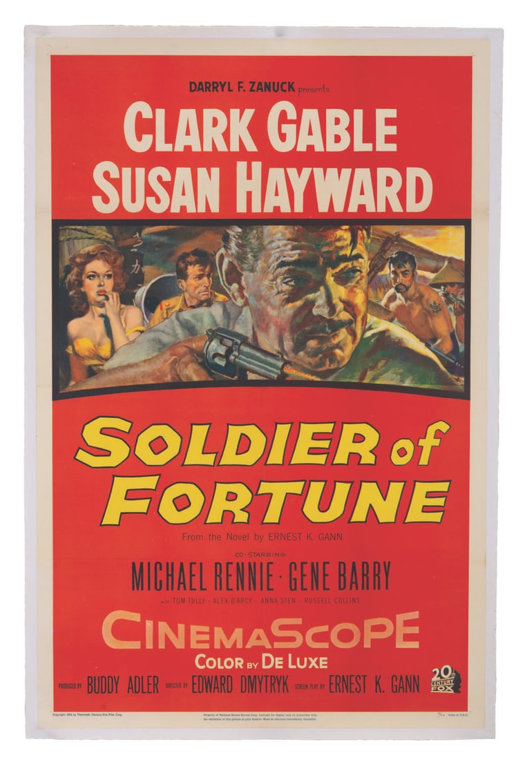 A "Soldiers of Fortune" Linen-Backed One-Sheet.: (20th Century Fox, 1955) A one-sheet for the De Luxe CinemaScope film "Soldiers of Fortune," starring Clark Gable and Susan Hayward. Measuring 27" x 41.25", the poster is in fine condition,