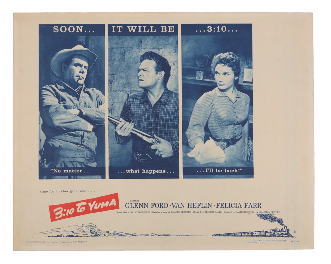 A "3:10 to Yuma" Half-Sheet.: (Columbia, 1957) A half-sheet for the Western classic "3:10 to Yuma" starring Glenn Ford, Van Heflin, and Felicia Farr. Measuring 22" x 28", the poster displays in very good condition with folds,