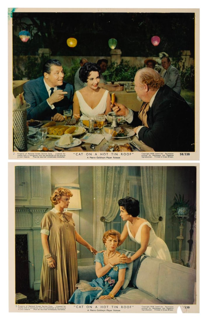 A Pair of "Cat on a Hot Tin Roof" Lobby Cards.: (MGM, 1958) A pair of mini lobby cards for Richard Brooks? adaptation of "Cat on a Hot Tin Roof," starring Elizabeth Taylor and Paul Newman. Measuring 8" x 10", the cards are in good condition with a