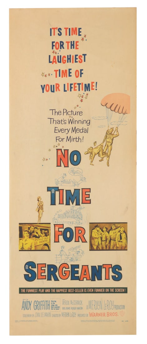 A "No Time for Sergeants" Insert Poster.: (Warner Bros., 1958) An original insert poster for the Andy Griffith comedy "No Time for Sergeants." This was also Don Knotts' feature film debut. Measuring 14" x 36", the poster is in good condition
