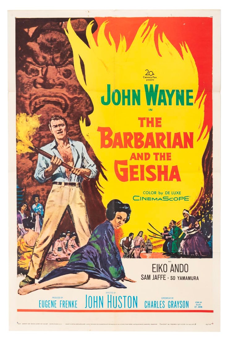 A "The Barbarian and the Geisha" One-Sheet.: (20th Century-Fox, 1958) A one-sheet for the John Huston film "The Barbarian and the Geisha," starring John Wayne and Eko Anido. Measuring 27" x 41" the poster displays in very good condition with