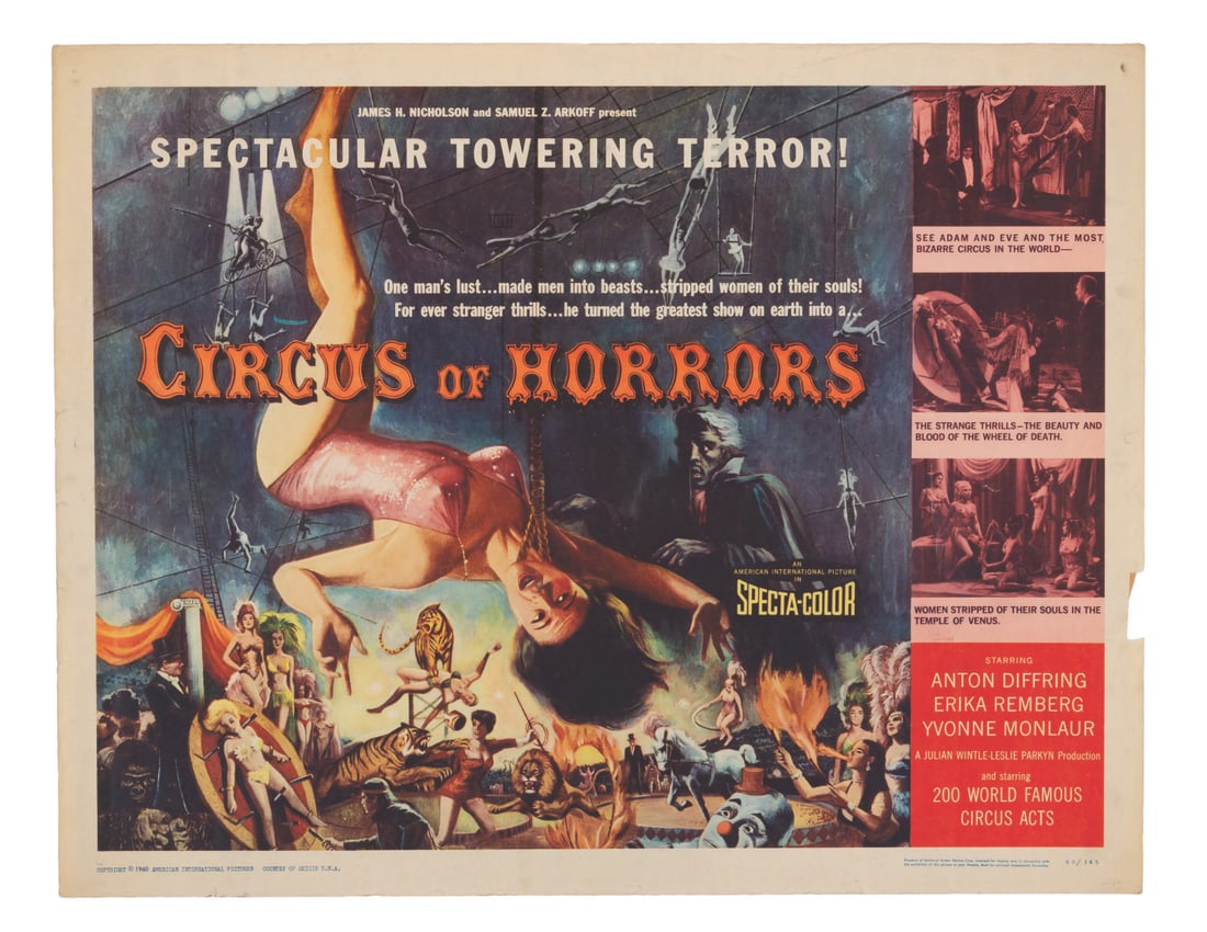 A "Circus of Horrors" Half-Sheet.: (American International Pictures, 1960) A rare half-sheet for the British film "Circus of Horrors" starring Anton Diffring, Erika Remberg, and Yvonne Monlaur. Measuring 22" x 28", the poster is in