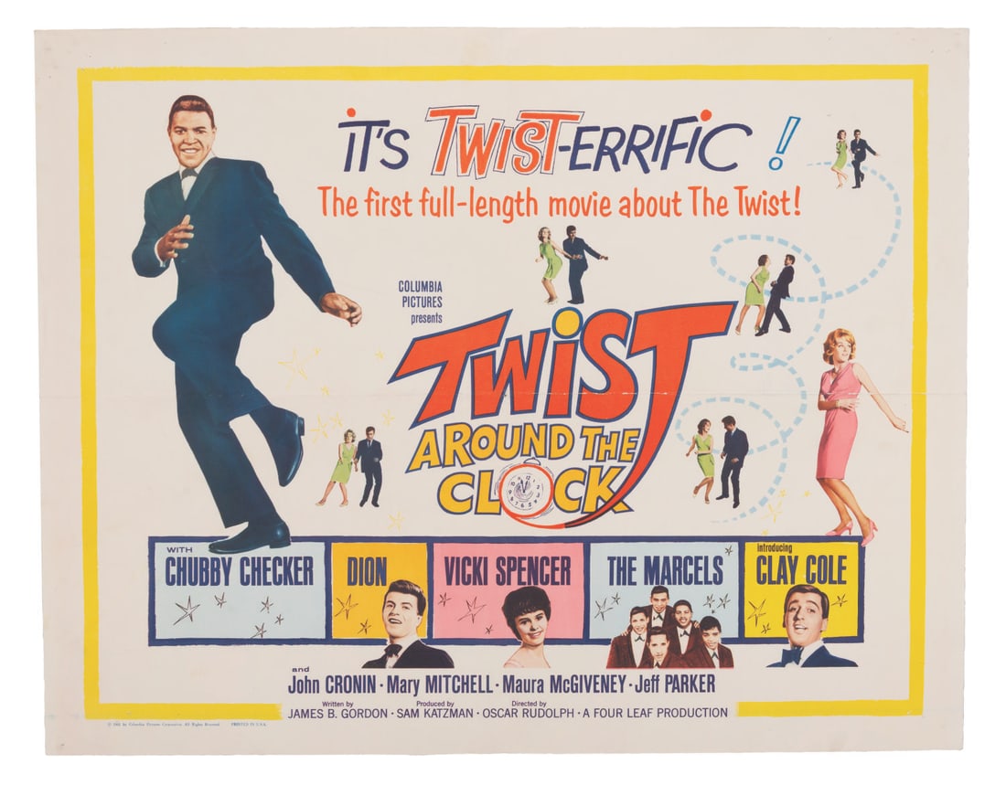 A "Twist Around the Clock" Half-Sheet.: (Columbia, 1961) A half-sheet for the movie musical "Twist Around the Clock," featuring Chubby Checker, Dion, Vicki Spencer, The Marcels, and Clay Cole. Measuring 22" x 28", the poster displays in ver