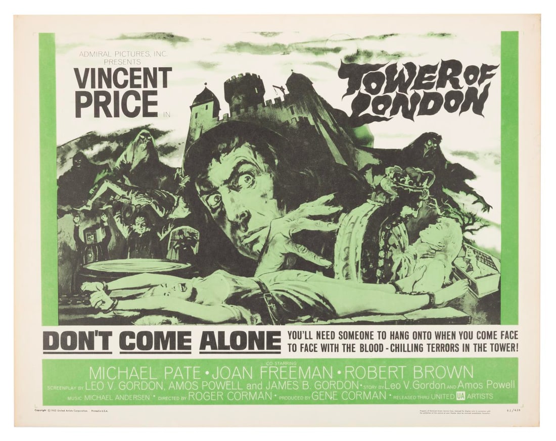 A "Tower of London" Half-Sheet.: (United Pictures, 1962) A half-sheet for Roger Corman?s "Tower of London," starring Vincent Price. Measuring 22" x 28", the poster displays in very good condition with discoloration from age and a min