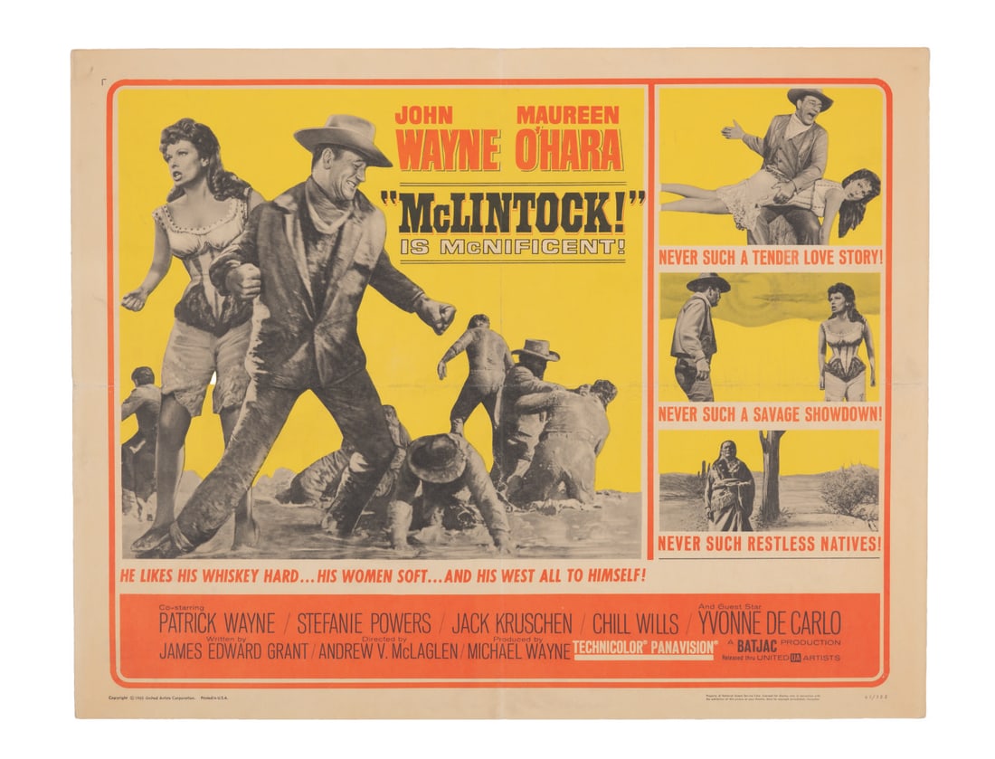 A "McLintock!" Half-Sheet.: (United Artists, 1963) A half-sheet for the Western comedy "McLintock!" starring John Wayne and Maureen O'Hara. Measuring 22" x 28", the poster is in very good condition with folds, wear along the fol