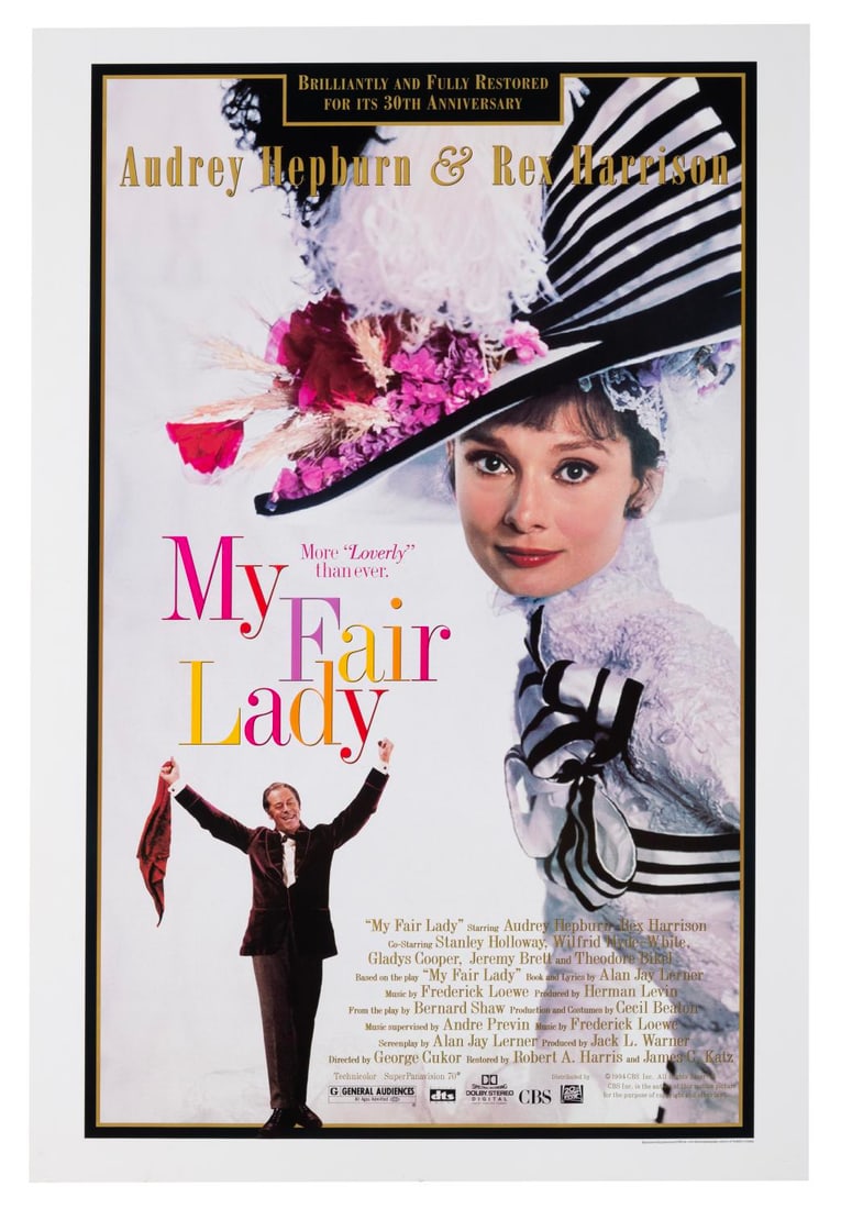 A 1994 "My Fair Lady" Re-Release One-Sheet.: (Warner Bros., 1994) A one-sheet from the 1994 theatrical re-release of "My Fair Lady" starring Audrey Hepburn and Rex Harrison. Measuring 26.75" x 40" the poster is in very good condition with
