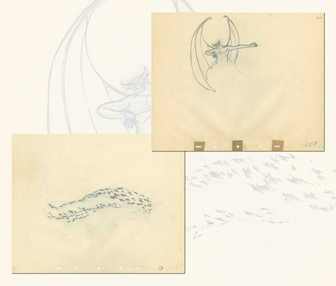 A Pair of "Fantasia" Night on Bald Mountain Production Drawings.: (Disney, 1940) A pair of frame-matching original production drawings of Chernabog and demons from the Night on Bald Mountain sequence of "Fantasia." The drawings are accomplished in graphite and blue