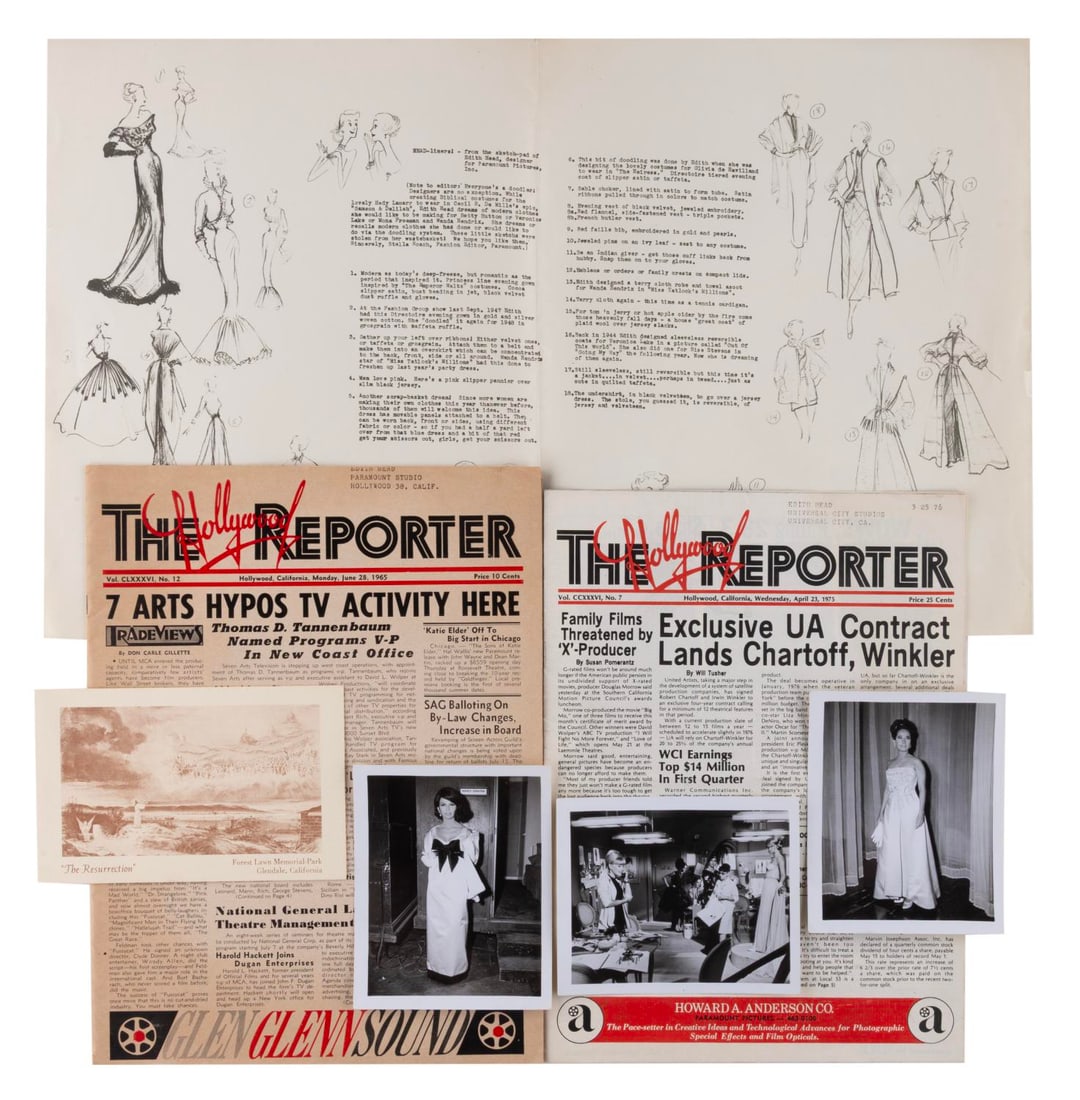 A Collection of Edith Head Ephemera.: (Head, 1965-81) A collection of ephemera from Edith Head?s personal archive, including three costume reference photos from "The Oscar," two issues of the Hollywood Reporter under Head's Universal