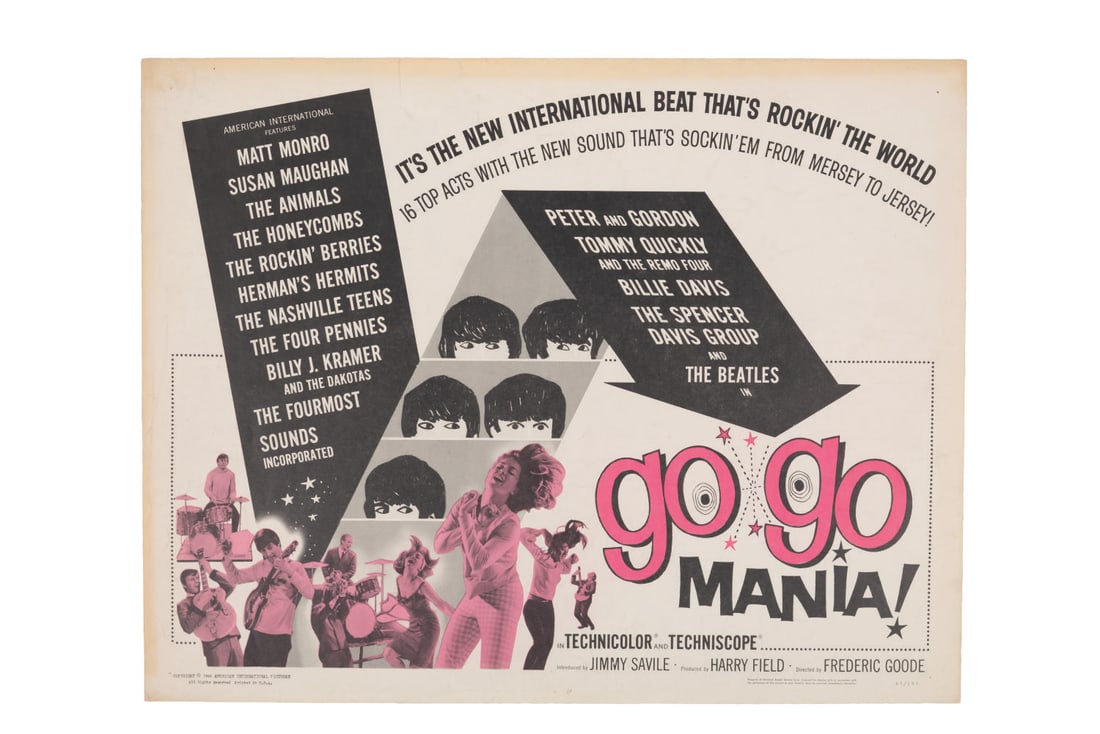 A "Go Go Mania" Half-Sheet.: (American International Pictures, 1965) A rare half-sheet for the British Invasion musical revue film "Go Go Mania" hosted by Jimmy Savile. Released in Britain as "Pop Gear," the film includes