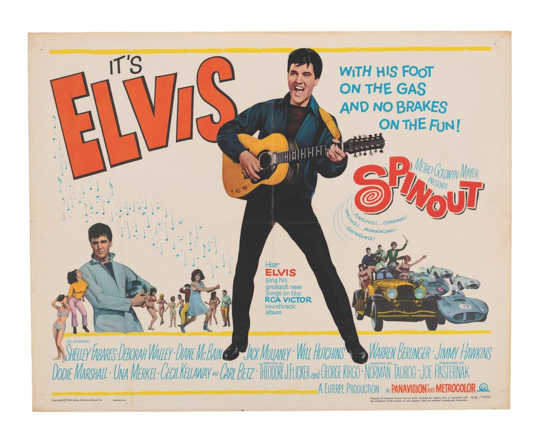 An Elvis "Spinout" Half-Sheet.: (MGM, 1966) A half-sheet for Elvis Presley?s movie musical "Spinout." Measuring 22" x 28", the poster displays in very good condition with folds, wear, edge tears up to 0.25", and spots of