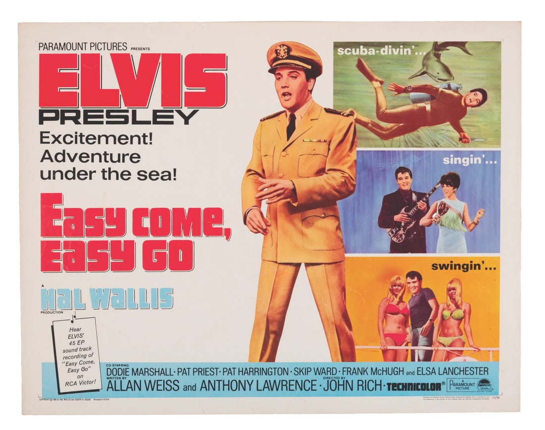 An Elvis "Easy Come, Easy Go" Half-Sheet.: (Paramount, 1967) A half-sheet for the Elvis Presley musical "Easy Come, Easy Go." Measuring 22" x 28", the poster is in good condition with creases, edge tears up to 1", stains, and discoloration