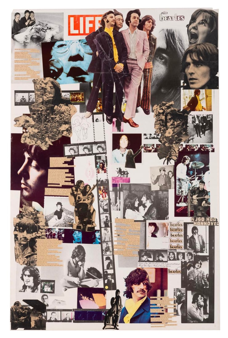 A Fan-Made Beatles White Album Collage.: (1968) A custom fan-made collage of the Beatles' White album poster with clippings from issues of Life and other magazines. Measuring 22" x 34", the collage is in good condition with creasing,