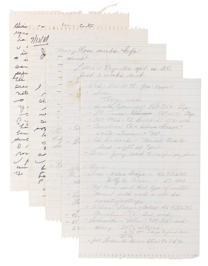 A Lana Turner Estate Handwritten Note Collection. (1 of 6)