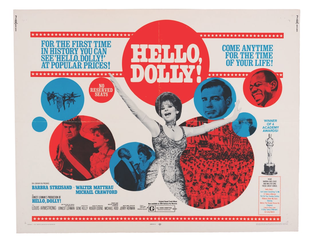 A "Hello, Dolly!" Half-Sheet.: (20th Century Fox, 1970) A half-sheet for Gene Kelly?s Academy Award-winning musical "Hello, Dolly!" starring Barbra Streisand. Measuring 22" x 28", the poster is in good condition with folds,