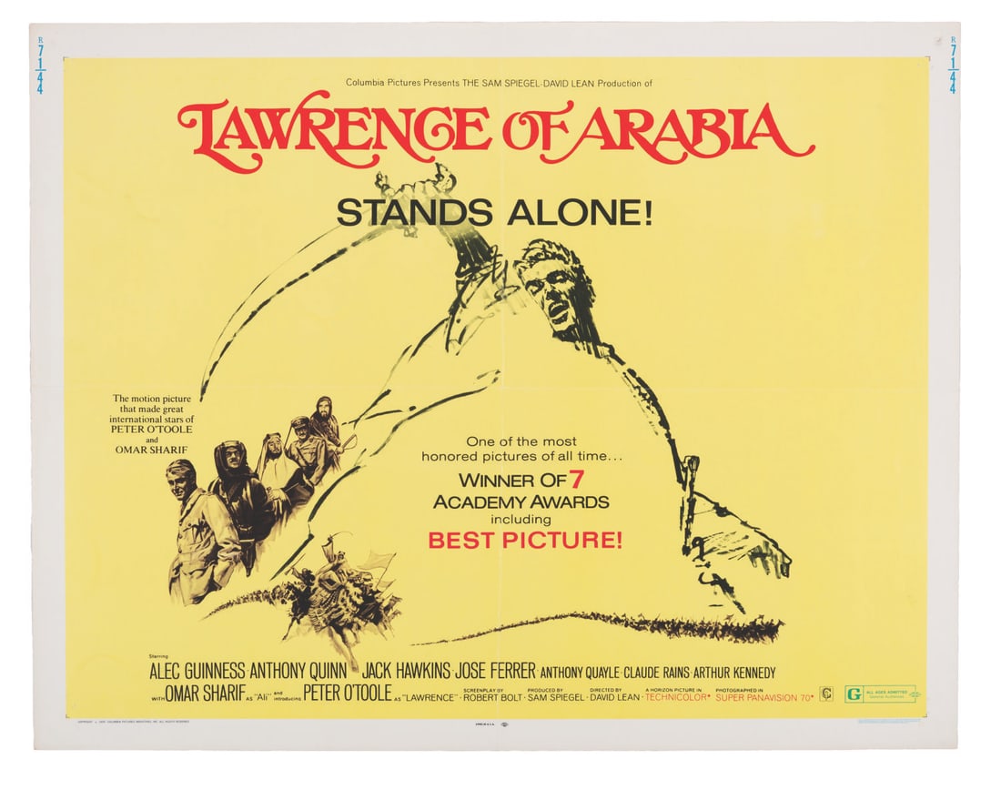 A "Lawrence of Arabia" Half-Sheet.: (Columbia, 1971) A half-sheet for the re-release of the 1962 David Lean epic "Lawrence of Arabia" starring Peter O'Toole, Alec Guinness, Anthony Quinn, and Omar Sharif. The film won 7 Academy Awards, 