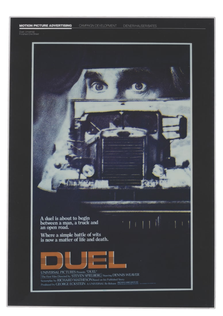 A "Duel" Presentation Board.: (Universal, 1983) A presentation board featuring the poster for the film "Duel," Steven Spielberg?s directorial debut. The 1971 television film was expanded, receiving a theatrical release, and this