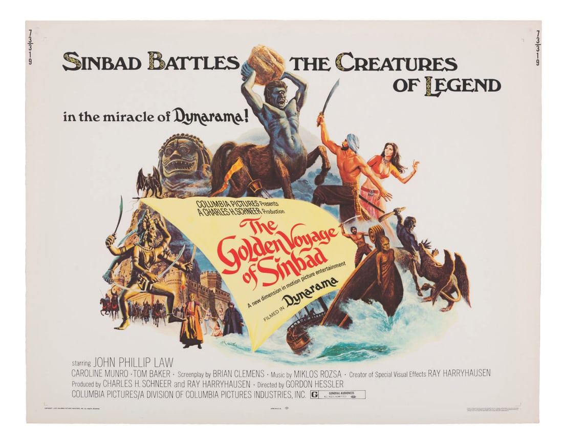 A "The Golden Voyage of Sinbad" Half-Sheet.: (Columbia, 1973) A half-sheet for the theatrical release of "The Golden Voyage of Sinbad," featuring legendary visual effects work by Ray Harryhausen. Measuring 22" x 28", the poster is in very good c