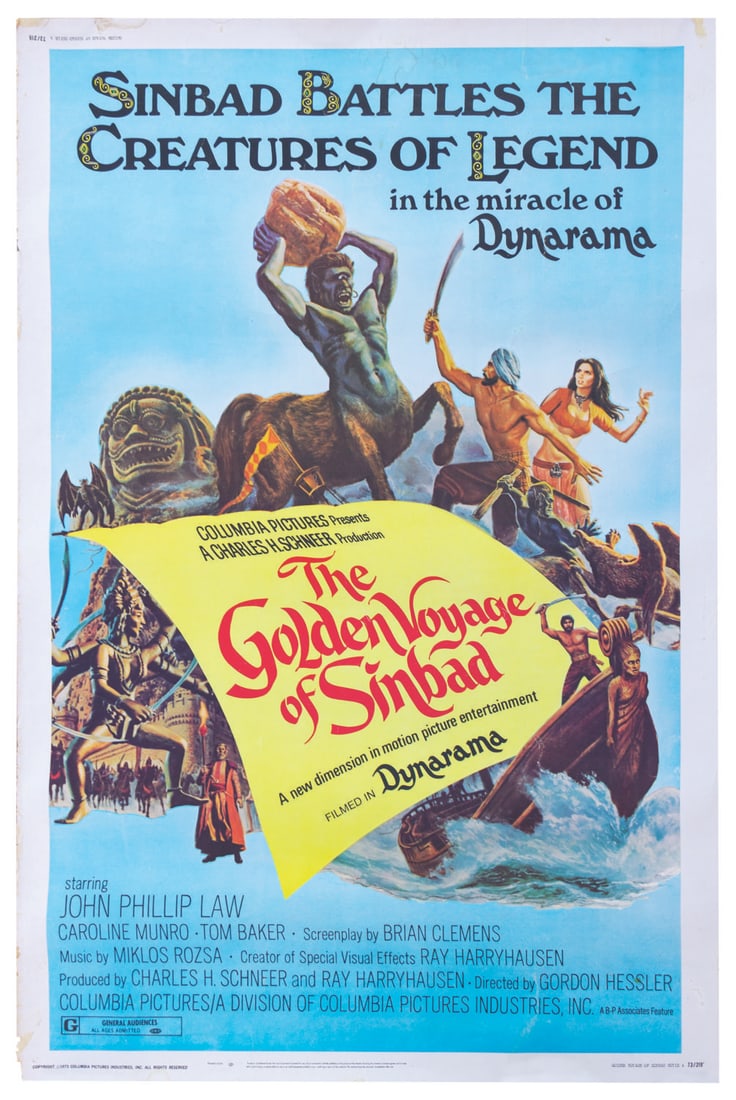 A "The Golden Voyage of Sinbad" Bus Poster.: (Columbia, 1973) A large bus/subway poster for "The Golden Voyage of Sinbad." This film features the incredible stop-motion special effects of animation legend Ray Harryhausen. Measuring 40" x 60",