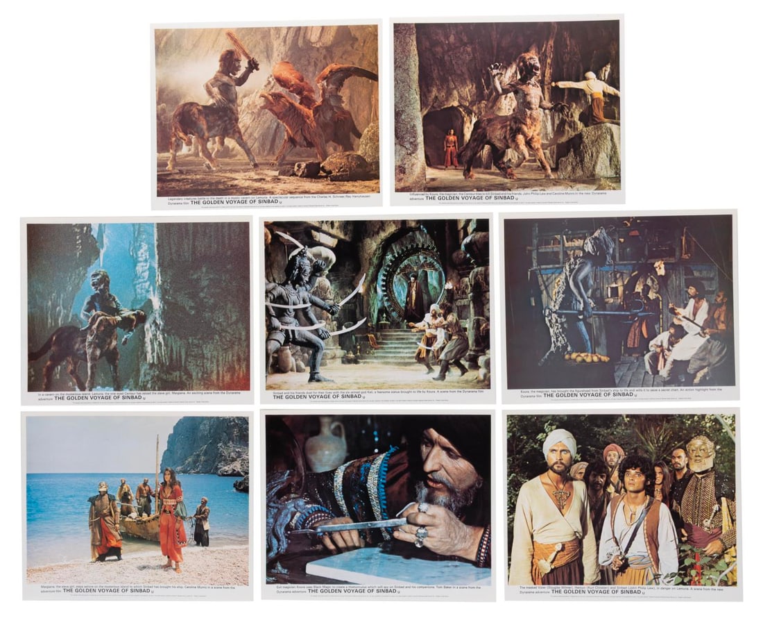 A Set of "Golden Voyage of Sinbad" Lobby Cards.: (Columbia, 1973) A set of eight lobby cards for "The Golden Voyage of Sinbad," with six featuring Ray Harryhausen's stop motion creatures. Each measuring 8" x 10", the lobby cards are in fine