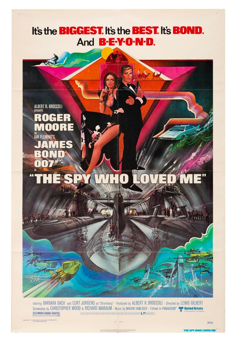 A "The Spy Who Loved Me" One-Sheet.: (United Artists, 1977) A one-sheet for the James Bond film "The Spy Who Loved Me" starring Roger Moore. Measuring 27" x 41", the poster displays in good condition with folds, edge tears, edge wear, pi