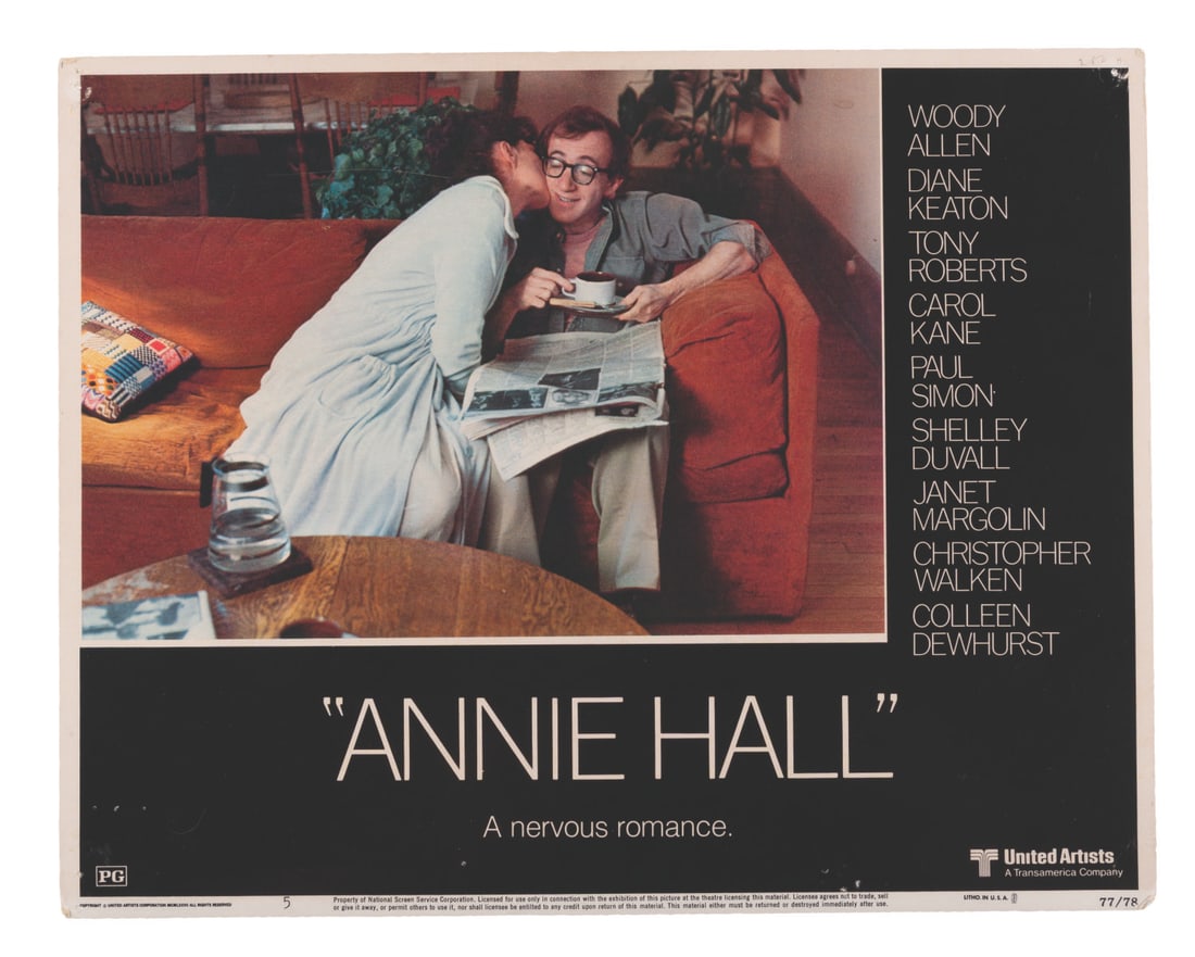 An "Annie Hall" Lobby Card.: (United Artists, 1977) A lobby card for Woody Allen?s Academy Award-winning "Annie Hall" starring Diane Keaton. Measuring 11" x 14", the card is in good condition with pinholes throughout, edge wear,