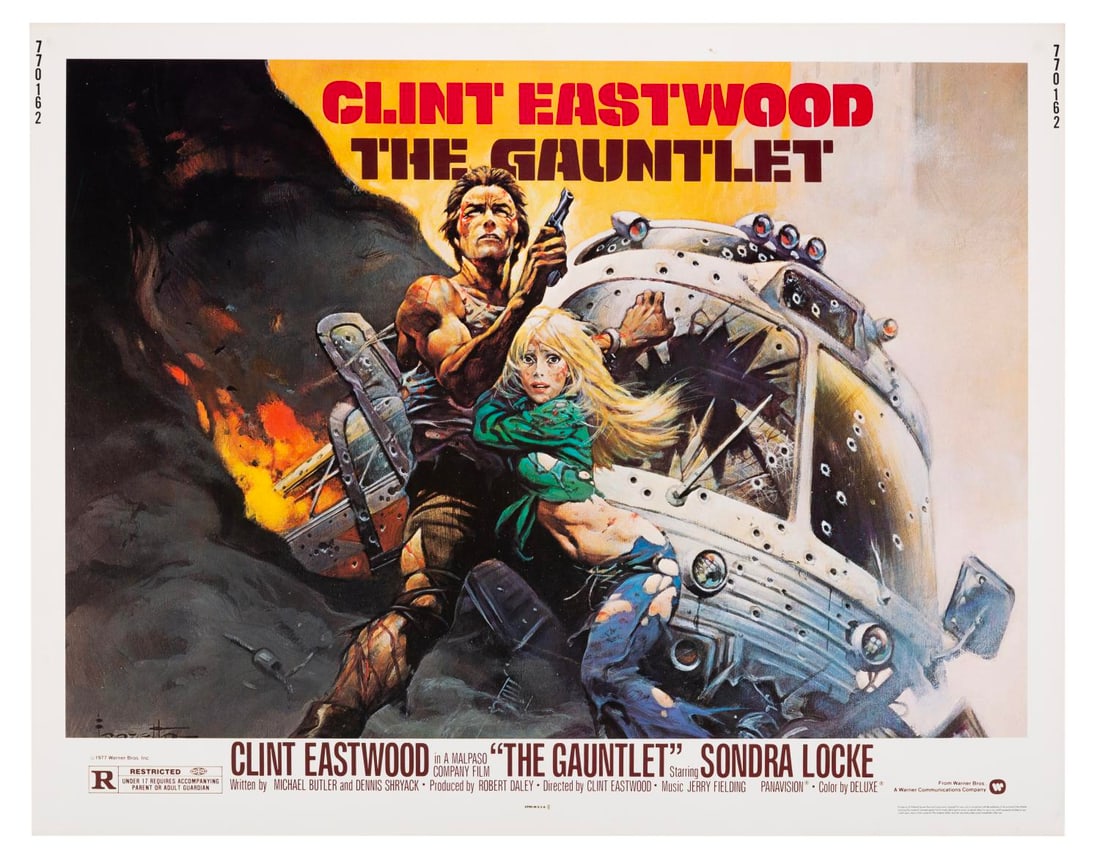A "The Gauntlet" Half-Sheet.: (Warner Bros., 1977) A half-sheet for "The Gauntlet," starring Clint Eastwood and Sondra Locke. Measuring 22" x 28", the poster displays in very good condition with folds and spots of discoloration.