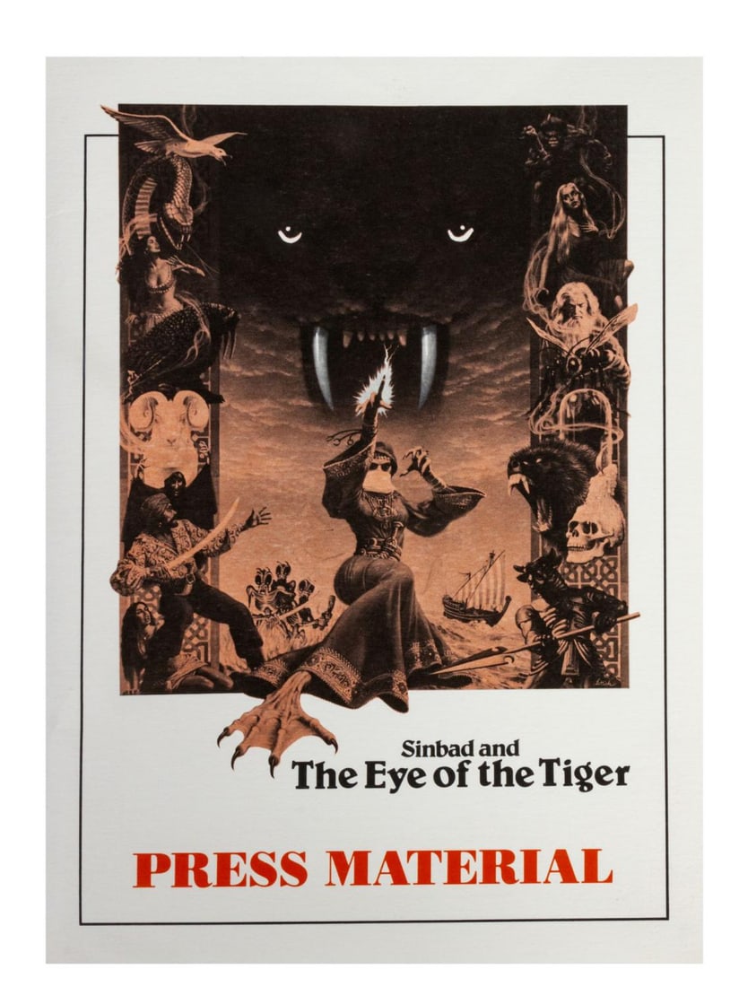 A "Sinbad and the Eye of the Tiger" Press Kit.: (Columbia, 1977) A press kit for the feature film "Sinbad and the Eye of the Tiger," starring Patrick Wayne. Included are nine 8" x 10" publicity photos, 6 stapled press releases, and a document on