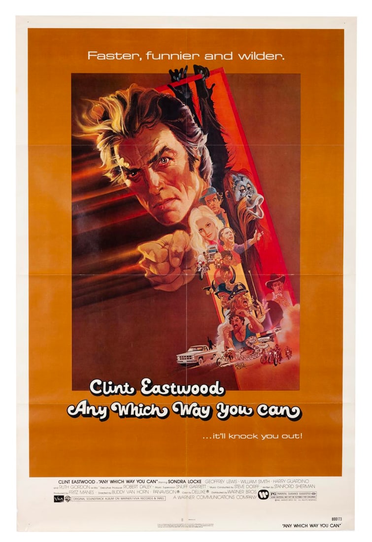 An "Any Which Way You Can" One-Sheet.: (Warner Bros., 1980) A one-sheet for "Any Which Way You Can" starring Clint Eastwood and Sondra Locke. Measuring 27" x 41" the poster is in very good condition with original folds, pinholes, light
