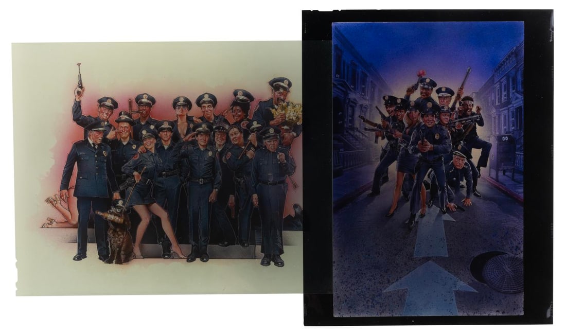A Pair of Drew Struzan "Police Academy" Color Transparencies.: (Struzan, 1984-85) A pair of color transparencies of poster art by Drew Struzan for the films "Police Academy" and "Police Academy 2: Their First Assignment." Measuring 8" x 10", the transparencies