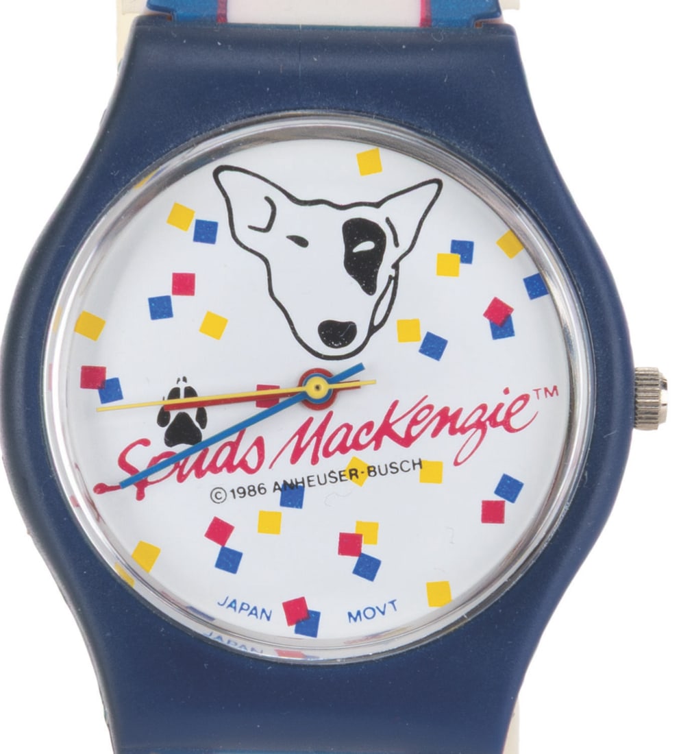 A Spuds MacKenzie Wristwatch.: (Anheuser-Busch, 1986) A wristwatch featuring the Bud Light mascot Spuds MacKenzie. The watch did not work when tested, likely requiring repair or a new battery. The watch is in very good condition