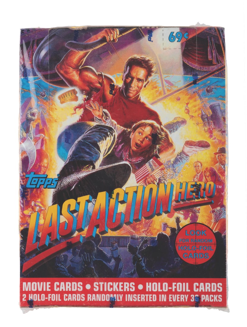 A Case of "Last Action Hero" Movie Cards and Stickers.: (Topps, 1993) A case of 36 packs of Arnold Schwarzenegger?s "Last Action Hero" Topps movie cards, stickers, and Holo-Foil cards. Measuring 1.75" x 5.5" x 7.25" the case is unopened and in fine