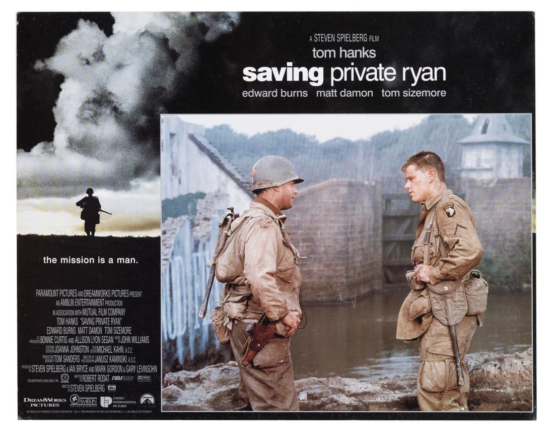 A "Saving Private Ryan" Lobby Card.: (Dreamworks/Paramount, 1998) A lobby card for Steven Spielberg?s war epic "Saving Private Ryan," featuring Tom Hanks and Matt Damon. Measuring 11" x 14", the card is in good condition with edge wear,
