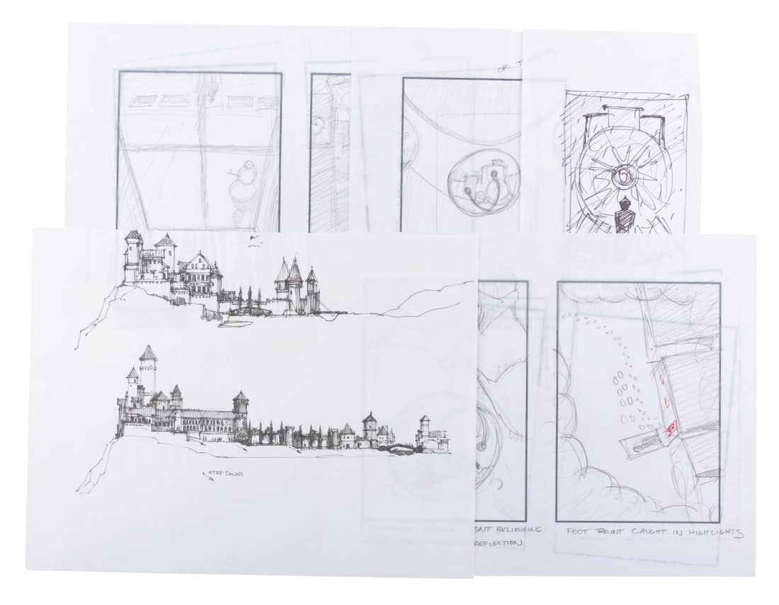 "Polar Express" Production Drawings.: (Warner Bros., 2004) A collection of five sheets of production drawings for the animated adventure film, "The Polar Express." Accomplished in pencil and ink on thin art paper, seven drawings depict