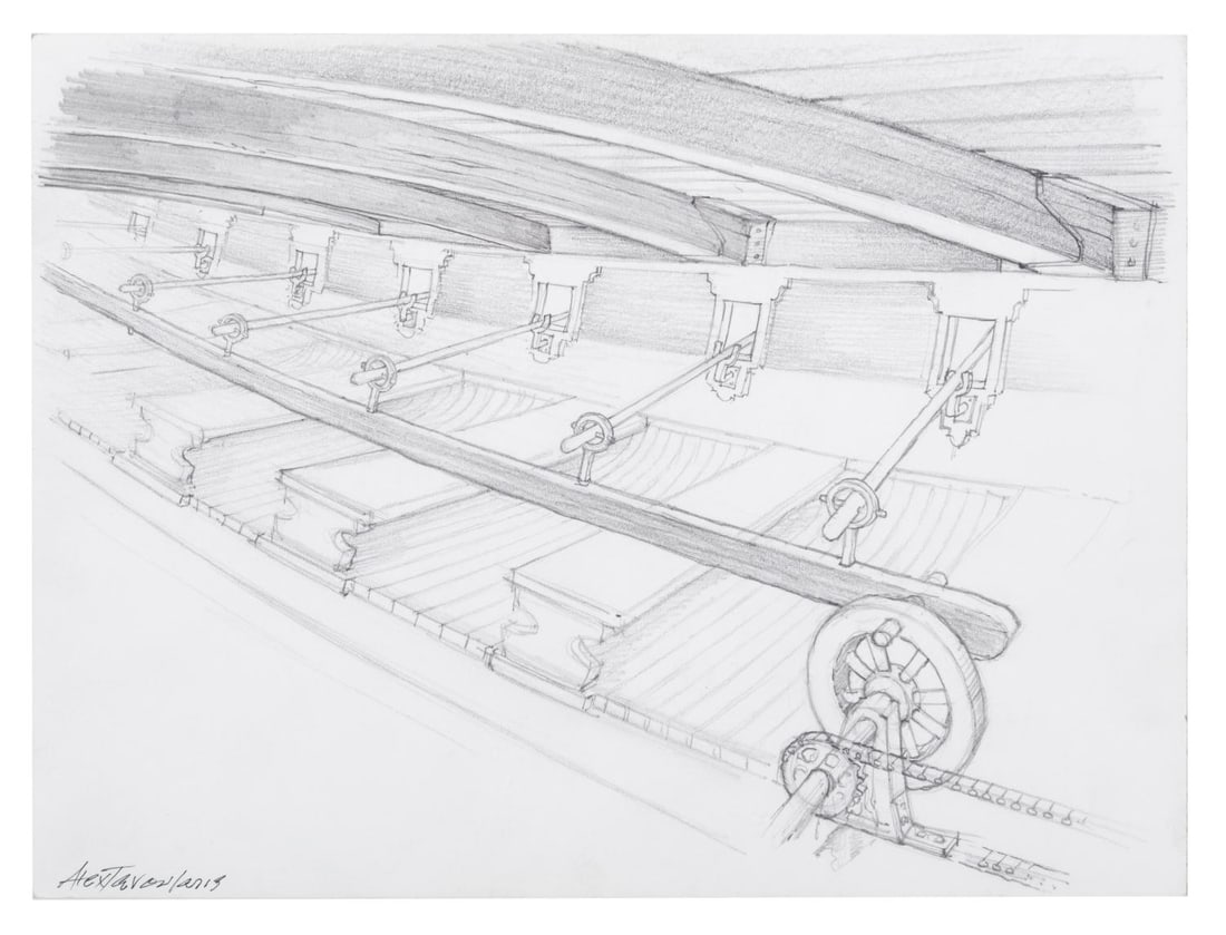 A "Charlie and the Chocolate Factory" Concept Drawing.: (Warner Bros., 2004-05) An original concept drawing of Willy Wonka?s candy boat for Tim Burton?s "Charlie and the Chocolate Factory," signed by Alex Tavoularis. Measuring 9" x 12", the graphite