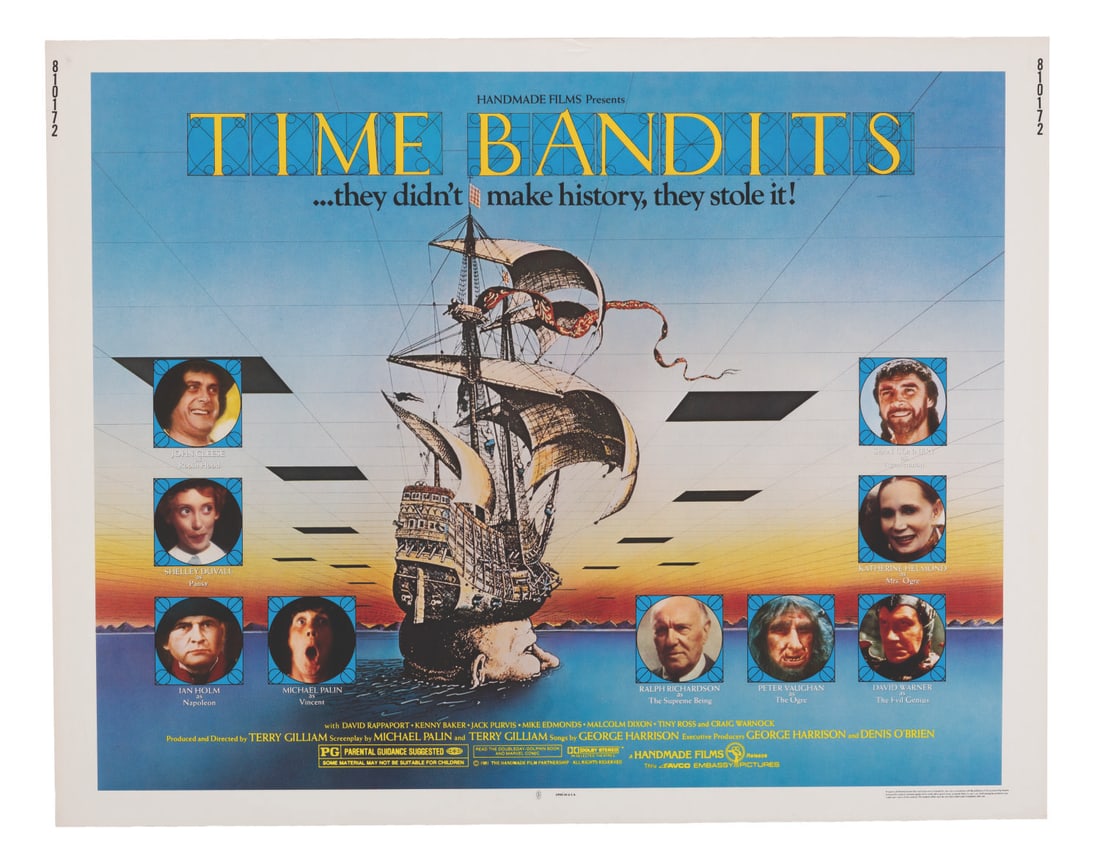A "Time Bandits" Half-Sheet.: (HandMade Films, 1981) A rare half-sheet for the Terry Gilliam-directed fantasy film "Time Bandits." Measuring 22" x 28", the poster is in good condition with creases, edge wear, and surface