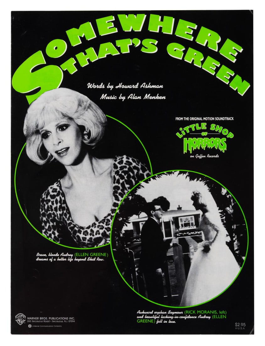 Multi-Signed "Somewhere That?s Green" Sheet Music.: (Warner Bros., 1986) Sheet music for "Somewhere That's Green" from the movie musical "Little Shop of Horrors," signed by composers Howard Ashman and Alan Menken. Both Ashman and Menken have signed