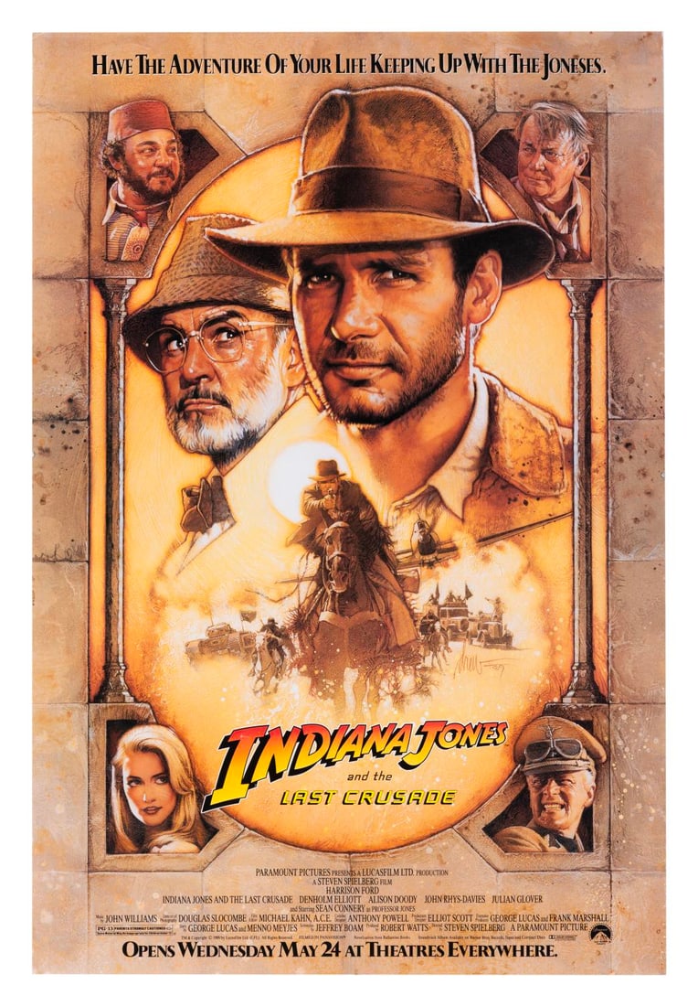 An "Indiana Jones and the Last Crusade" One-Sheet.: (Paramount, 1989) A one-sheet for "Indiana Jones and the Last Crusade" starring Harrison Ford and Sean Connery. Measuring 27" x 40", the poster displays in very good condition with creases and edge