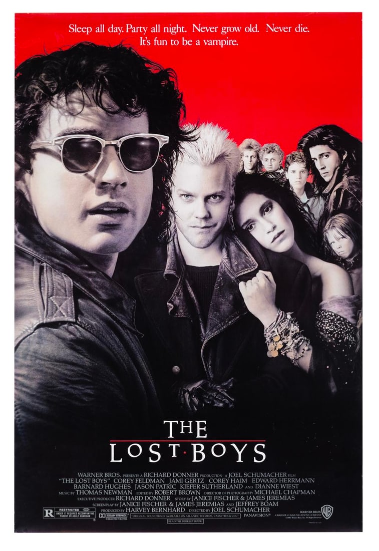 A "The Lost Boys" One-Sheet.: (Warner Bros., 1987) An original one-sheet for the vampire film "The Lost Boys" starring Corey Feldman and Kiefer Sutherland. Measuring 27" x 40", the poster displays in very good condition with
