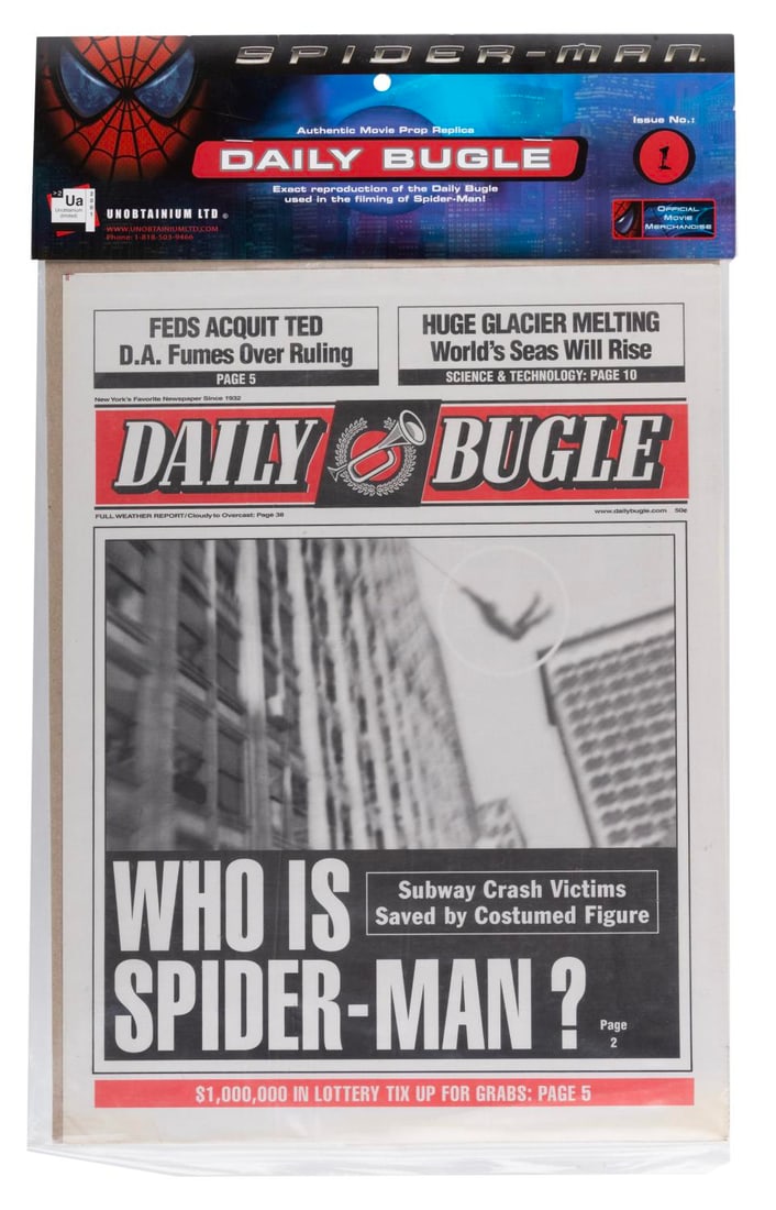 A "Spider-Man" Daily Bugle Movie Prop Replica.: (Unobtanium Ltd., 2002) A reproduction prop newspaper, screen-accurate to what is seen in "Spider-Man." The newspaper is Issue No. 1 and is still sealed in its original packaging. The newspaper
