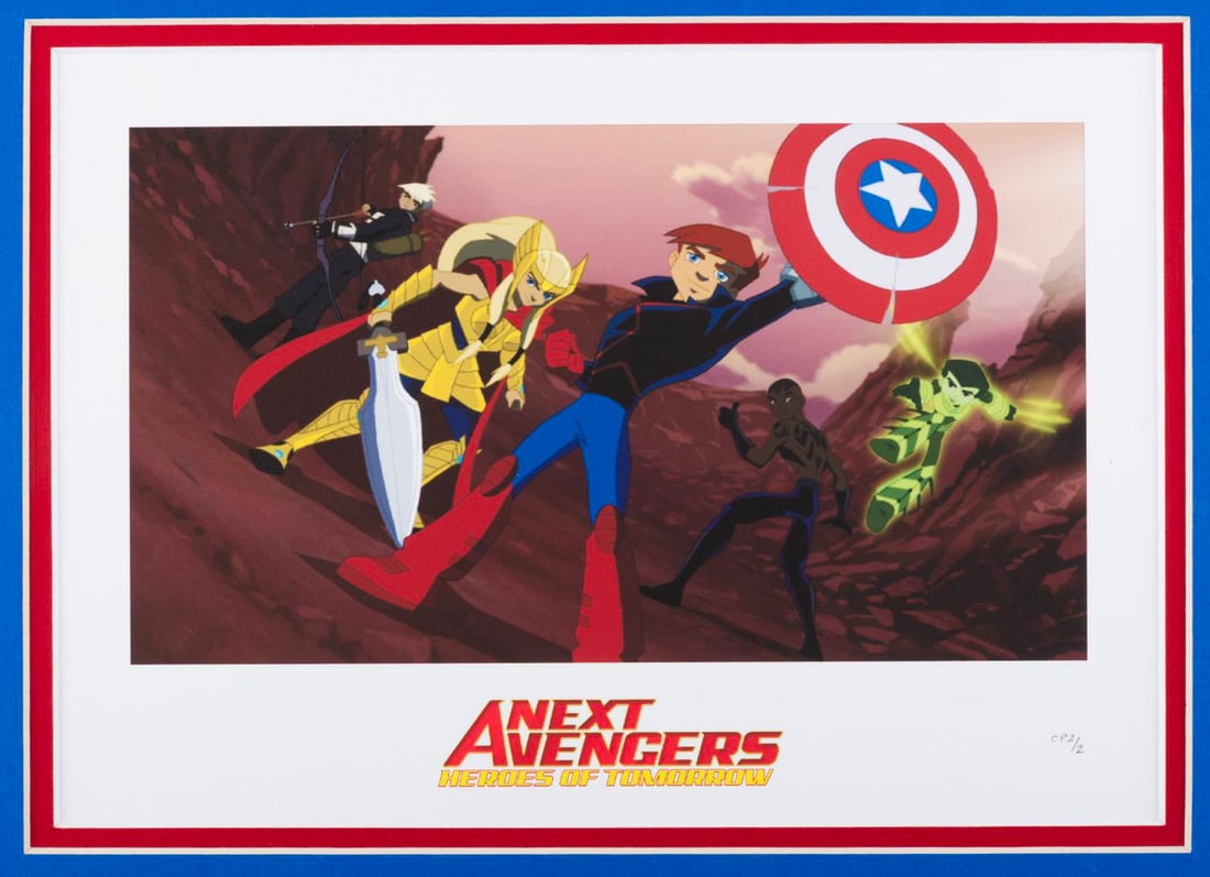 A "Next Avengers: Heroes of Tomorrow" Cast & Crew Print.: (Marvel, 2008) A Fine Art Giclee of the main characters from "Next Avengers: Heroes of Tomorrow." This animated feature followed the children of the original Avengers battling Ultron. The print was
