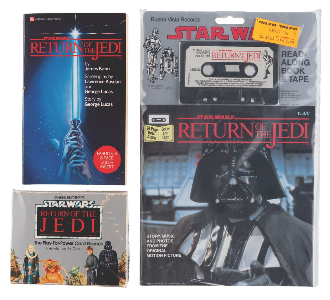 A Collection of "Return of the Jedi" Merchandise.: (LucasFilm, 1983) A “Return of the Jedi” collection, including the Del Rey paperback novelization, a Parker Brothers Play-for-Power card game, and the Read-Along Book and Tape set. Ranging