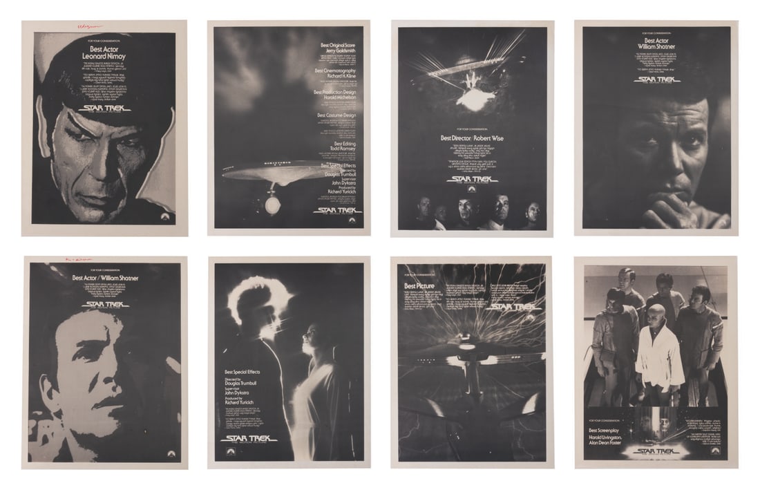 "Star Trek: The Motion Picture" Academy Award Ad Layouts.: (Paramount, 1979) A collection of eight For Your Consideration ad layouts for "Star Trek: The Motion Picture." The ads have the names of cast and crew members, including Leonard Nimoy and William