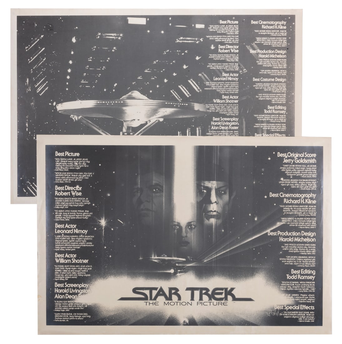 A Pair of Star Trek The Motion Picture Ad Production Prints.: (Paramount, 1979) Two photostat ad layouts for proposed For Your Consideration ads promoting "Star Trek: The Motion Picture" for the Academy Awards. The layouts include the titles and names of each