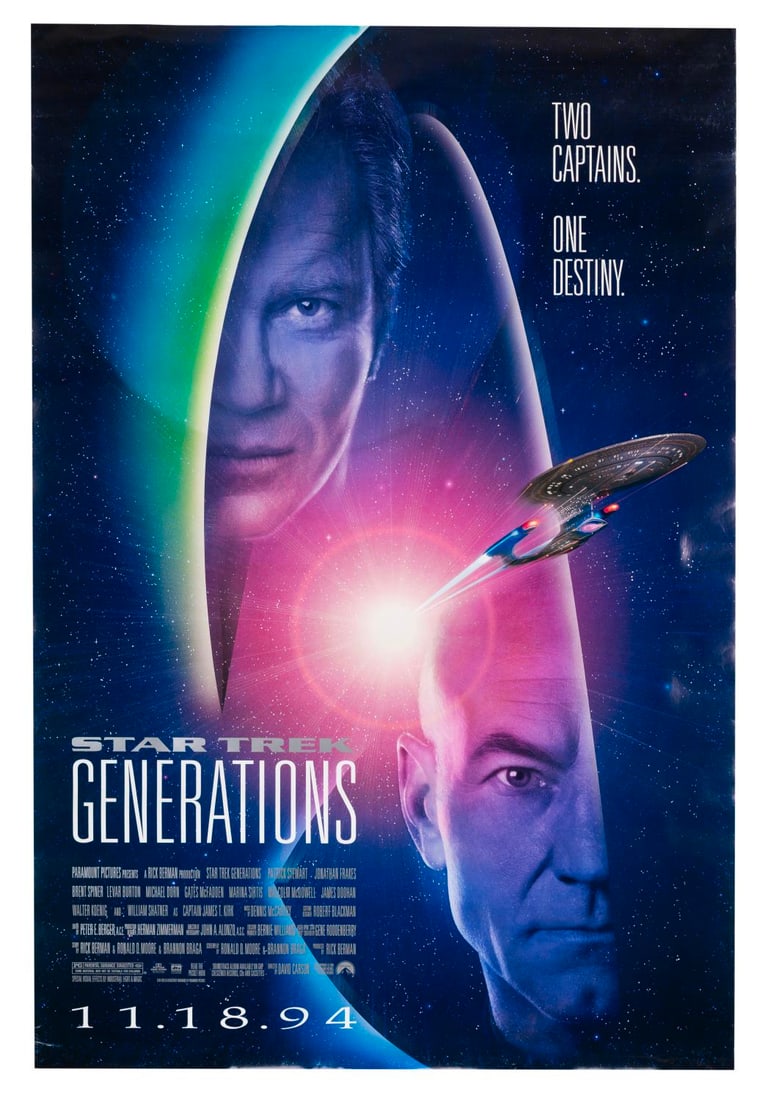 A "Star Trek: Generations" One-Sheet.: (Paramount, 1992) An original one-sheet for "Star Trek: Generations" starring William Shatner and Patrick Stewart. Measuring 26.75" x 39.5" the poster is in very good condition with light handling