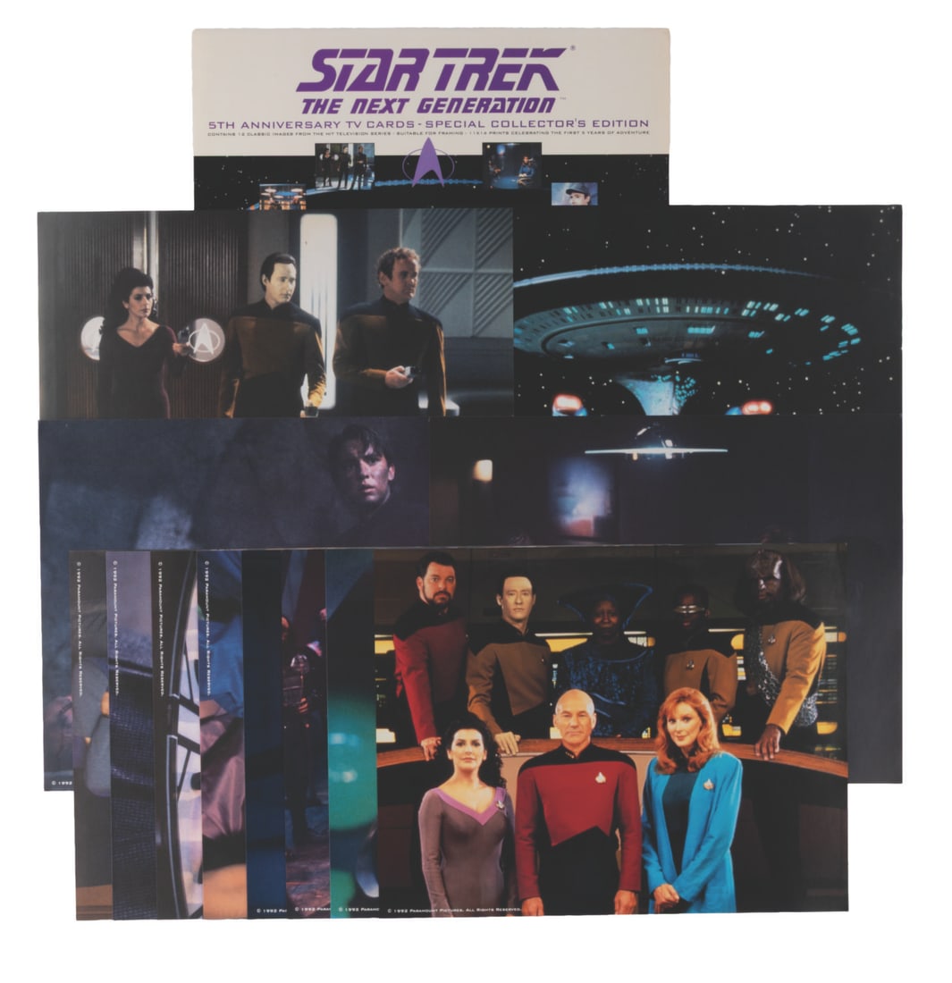 A "Star Trek: The Next Generation" TV Lobby Card Set.: (Paramount, 1992) A set of twelve photo cards from "Star Trek: The Next Generation" released to celebrate the fifth anniversary of the series. The 11" x 14" prints were styled after traditional movie