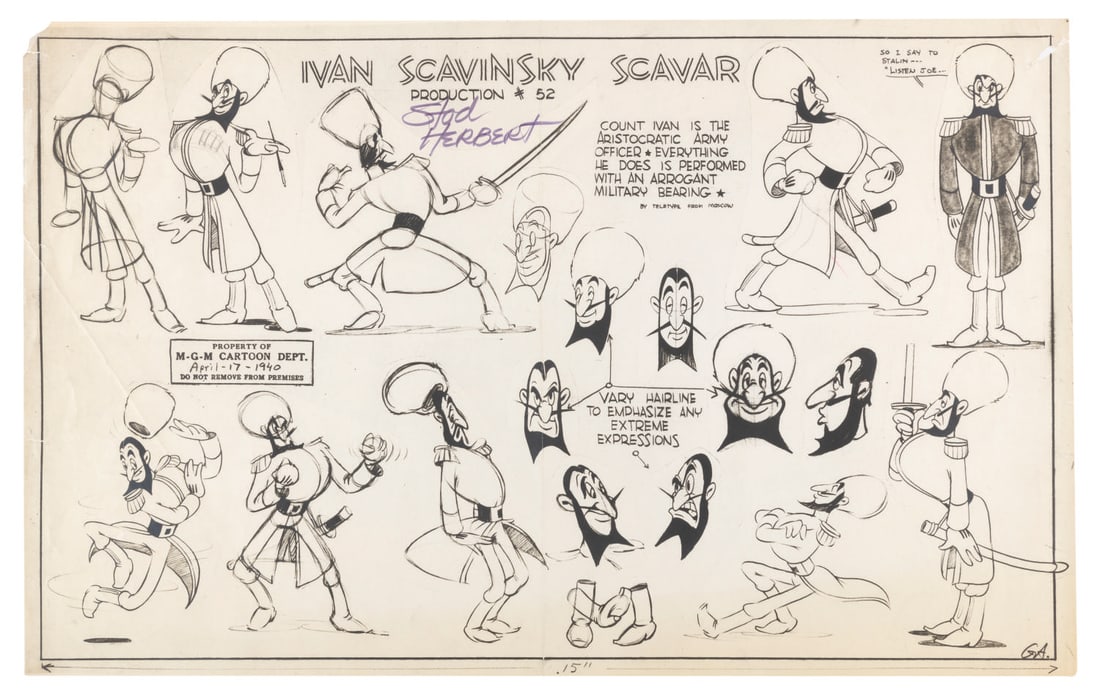 A Signed "Abdul the Bulbul Ameer" Model and Expressions Sheet.: (MGM, 1940) An animator Stod Herbert signed model and expressions sheet of "Ivan Scavinsky Scavar" from the MGM cartoon, "Abdul the Bulbul Ameer." Measuring 9.75" x 15.5", the sheet is in good